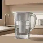 Une carafe filtrante au design moderne mise en scène dans une cuisine lumineuse et épurée. L’image évoque la simplicité d’usage, le confort quotidien et une hydratation plus agréable.