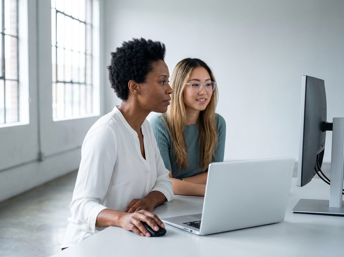 Deux professionnels collaborent devant un ordinateur portable dans un bureau lumineux