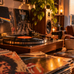 Lecteur vinyle vintage dans un salon chaleureux avec une collection de disques et une ambiance nostalgique